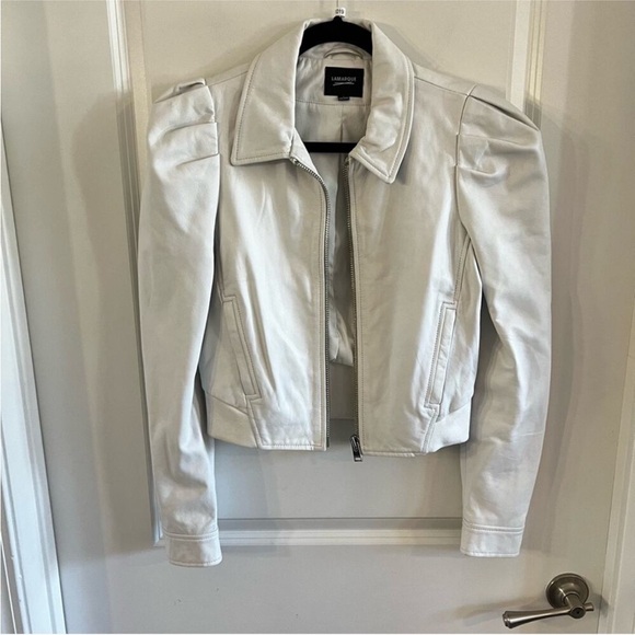 1019 Lamarque White Leather Puff Shoulder Full Zip Jacket - Picture 1 of 4